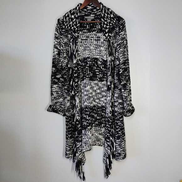 Kate & Mallory Knit Fringe Cardigan Sweater Womens Large Black White Open Boho - Picture 10 of 10